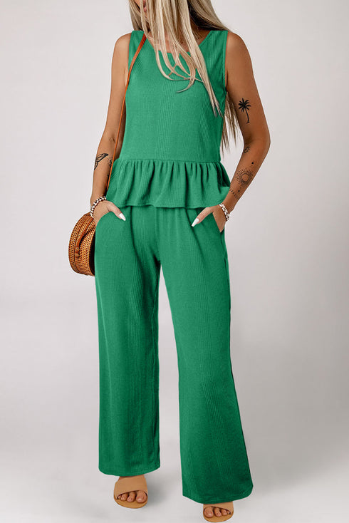 Solid Color Ribbed Ruffle Tank Top and Pants Set